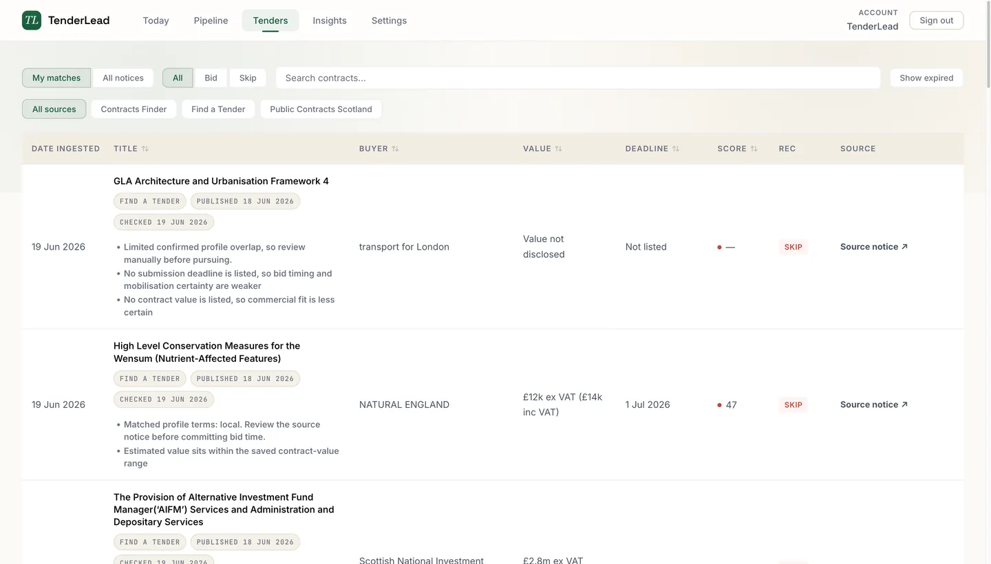The TenderLead tenders view searching across all UK public-sector portals.