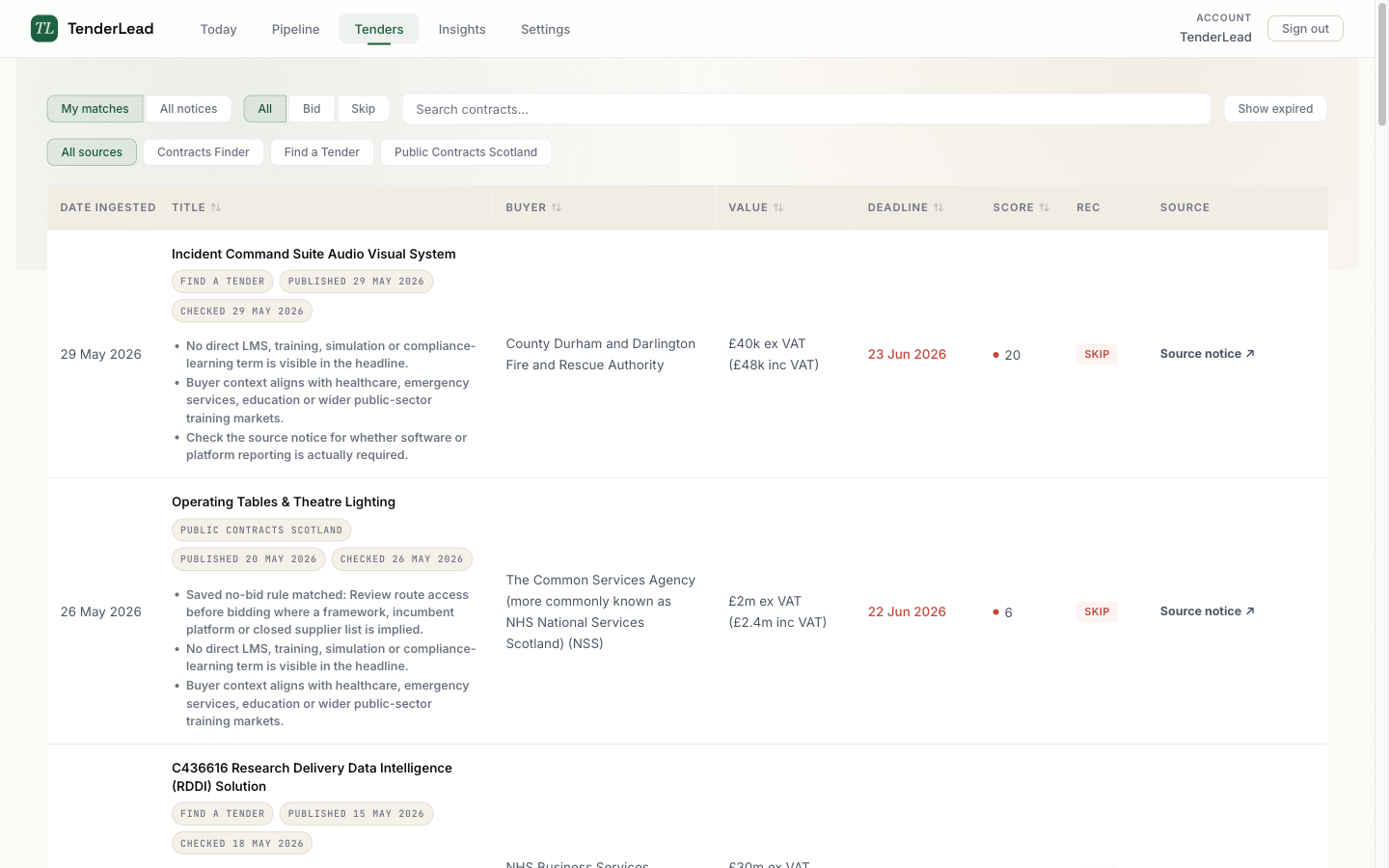 The TenderLead tenders view searching across all UK public-sector portals.